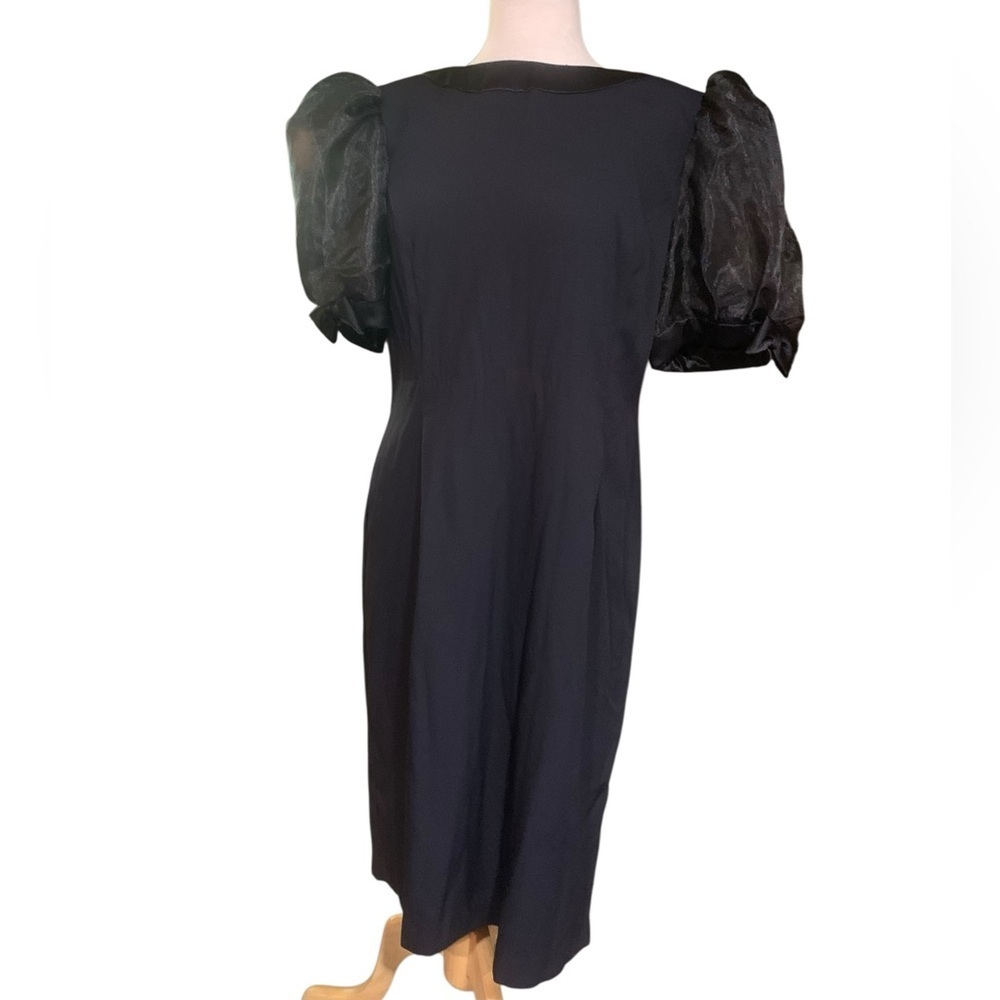 Vintage 90’s black keyhole back midi dress with sheer puff sleeves with bow sz14